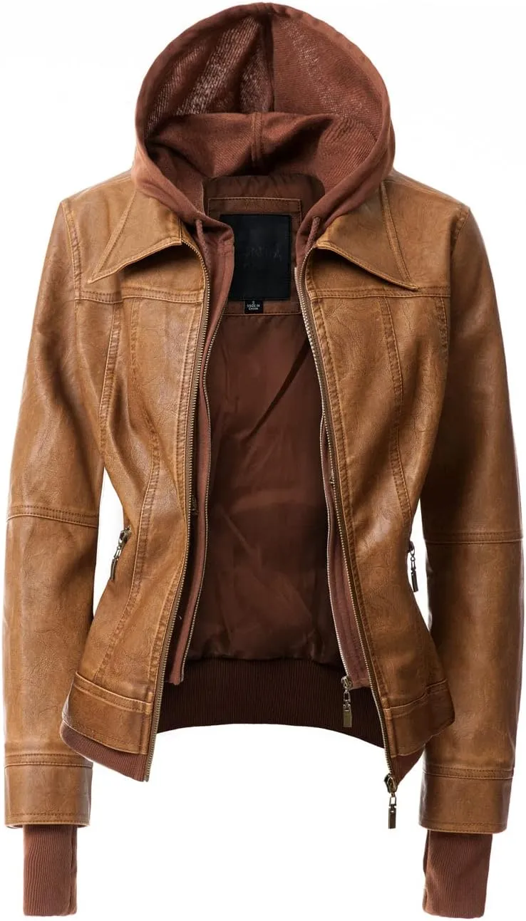 Faux Leather Jacket Women Casual Stand Collar Detachable Hood PU Leather Jacket