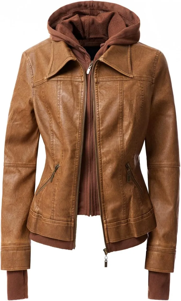 Faux Leather Jacket Women Casual Stand Collar Detachable Hood PU Leather Jacket