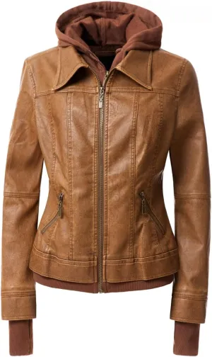 Faux Leather Jacket Women Casual Stand Collar Detachable Hood PU Leather Jacket