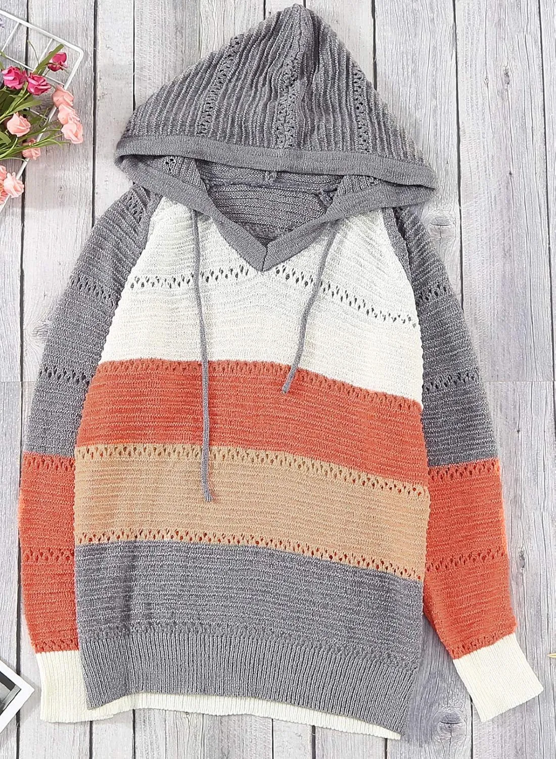 FEKOAFE Women's 2025 Fall Striped Color Block Hoodies Fashion V Neck Knit Sweater Pullovers