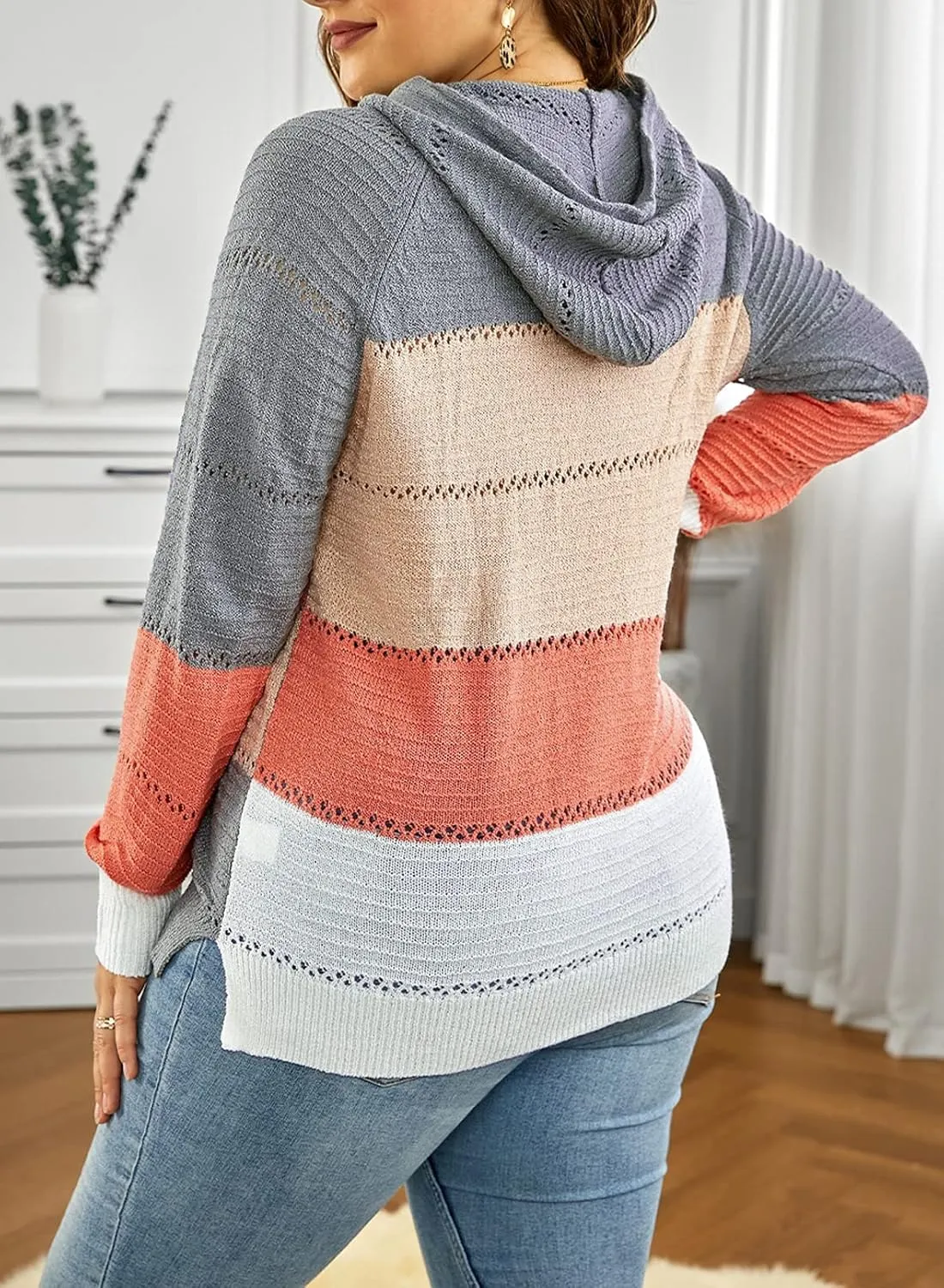 FEKOAFE Women's 2025 Fall Striped Color Block Hoodies Fashion V Neck Knit Sweater Pullovers