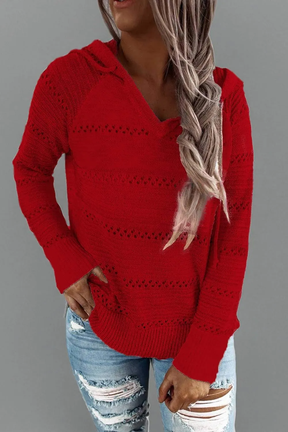 FEKOAFE Women's 2025 Fall Striped Color Block Hoodies Fashion V Neck Knit Sweater Pullovers