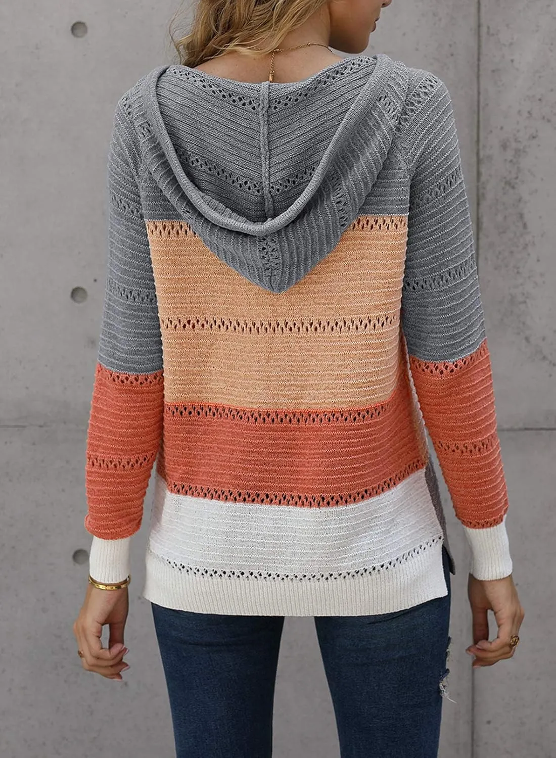 FEKOAFE Women's 2025 Fall Striped Color Block Hoodies Fashion V Neck Knit Sweater Pullovers
