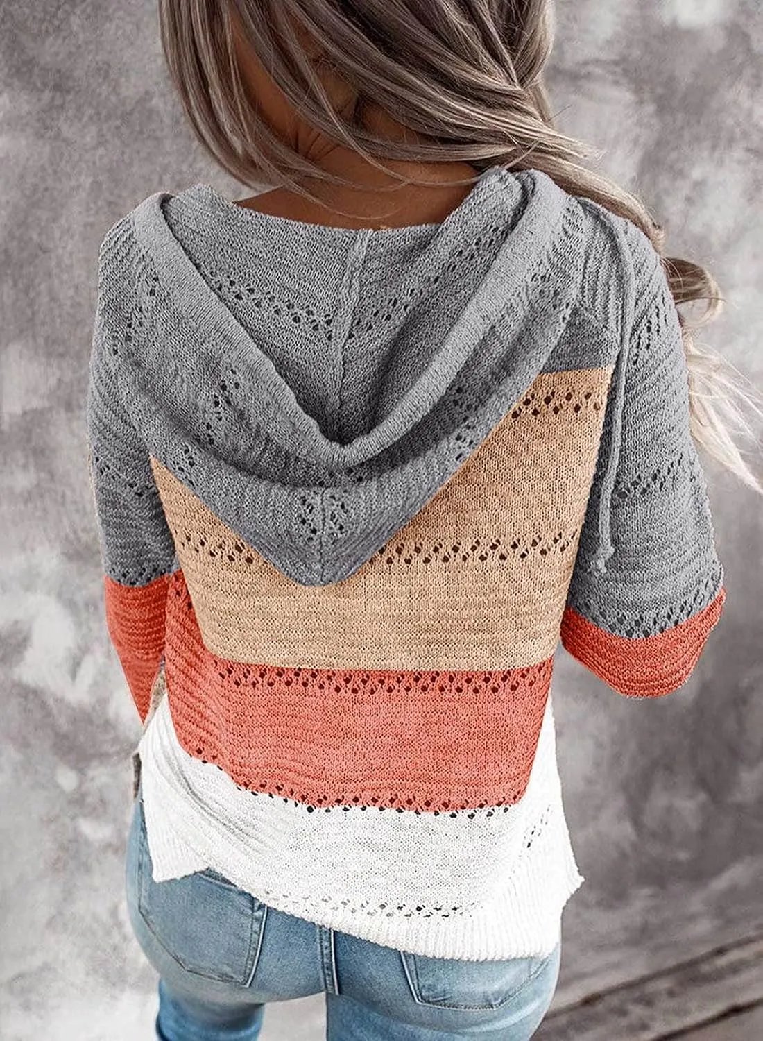 FEKOAFE Women's 2025 Fall Striped Color Block Hoodies Fashion V Neck Knit Sweater Pullovers