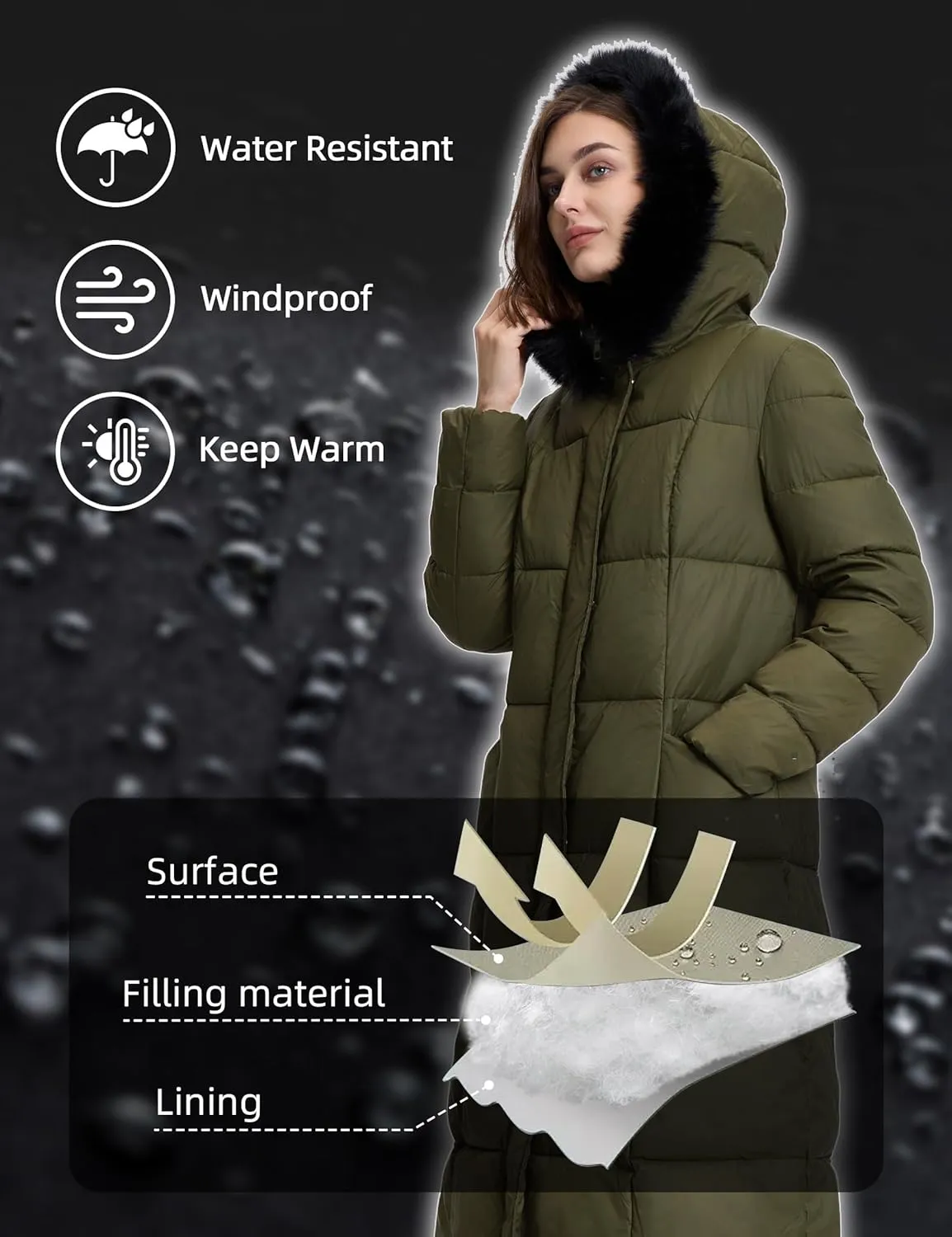 Fengbay Long Puffer Coat Women Down Jacket Parkas Waterproof Warm Long Winter Coats for Women With Hood