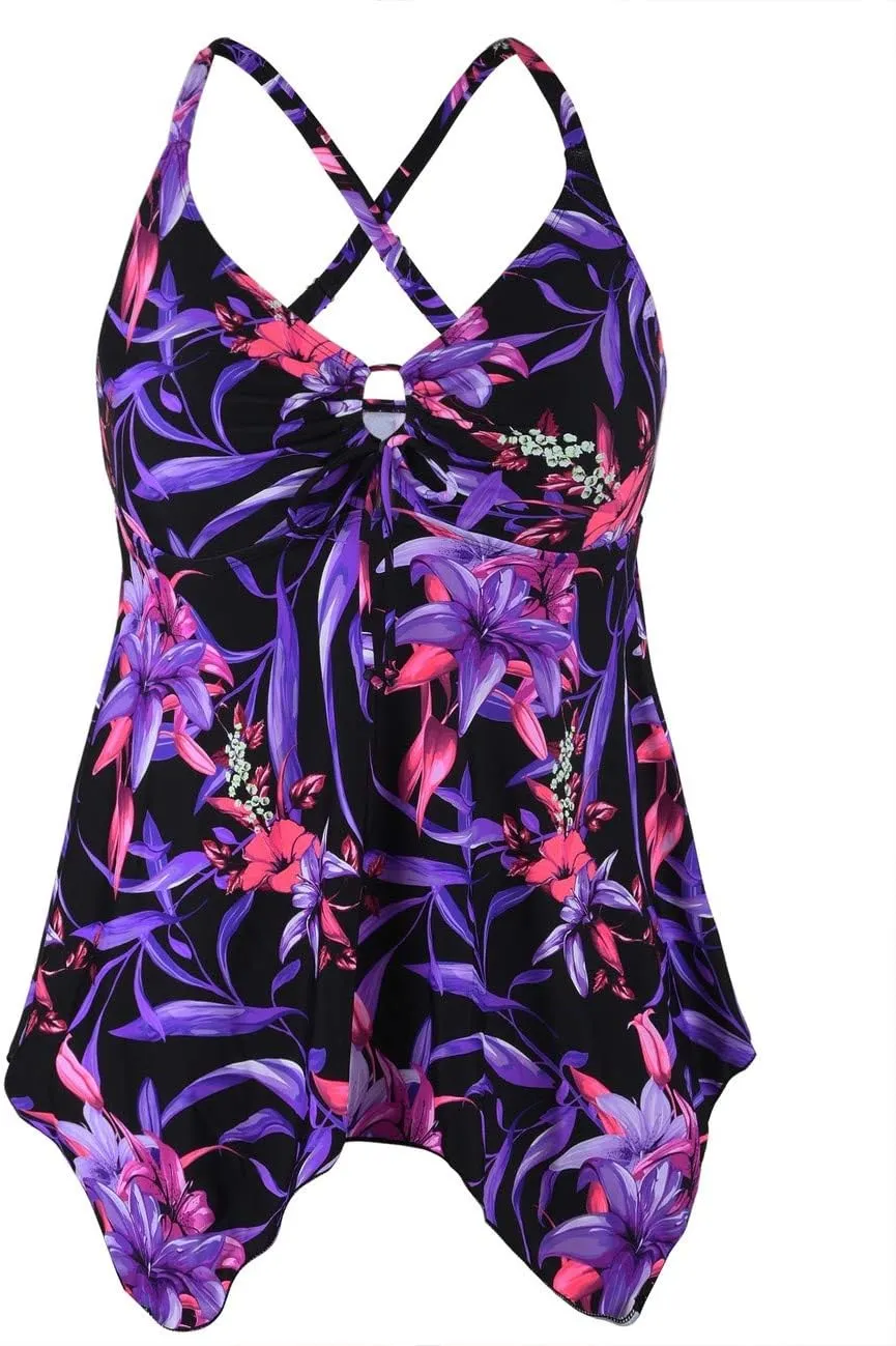 Firpearl Women's Tankini Swimsuits Modest Flowy Crossback Plus Size Bathing Suit Top