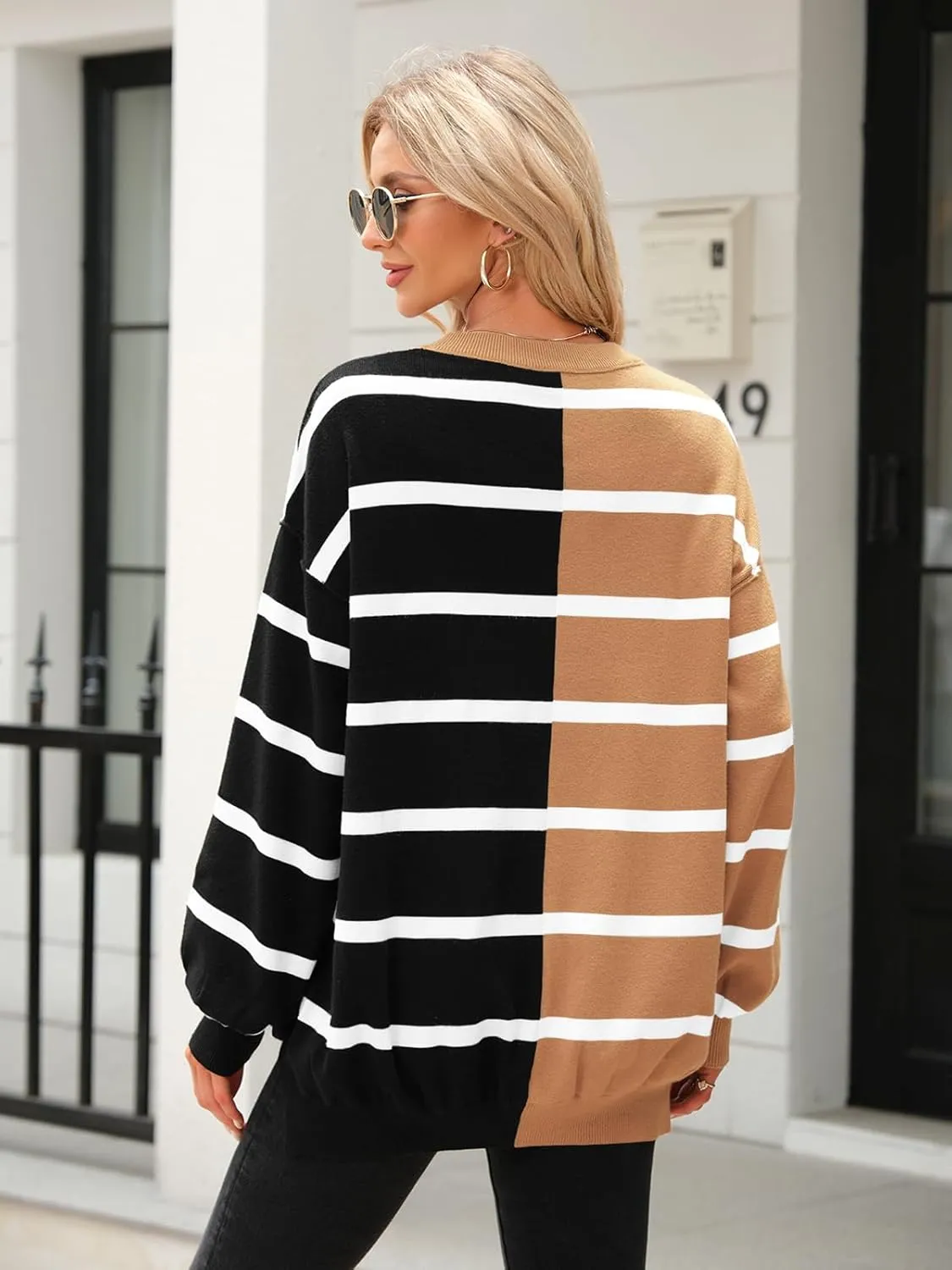 Fisoew Womens Striped Pullover Sweater Crew Neck Long Sleeve Knitted Color Block Casual Loose Lightweight Sweaters for Women