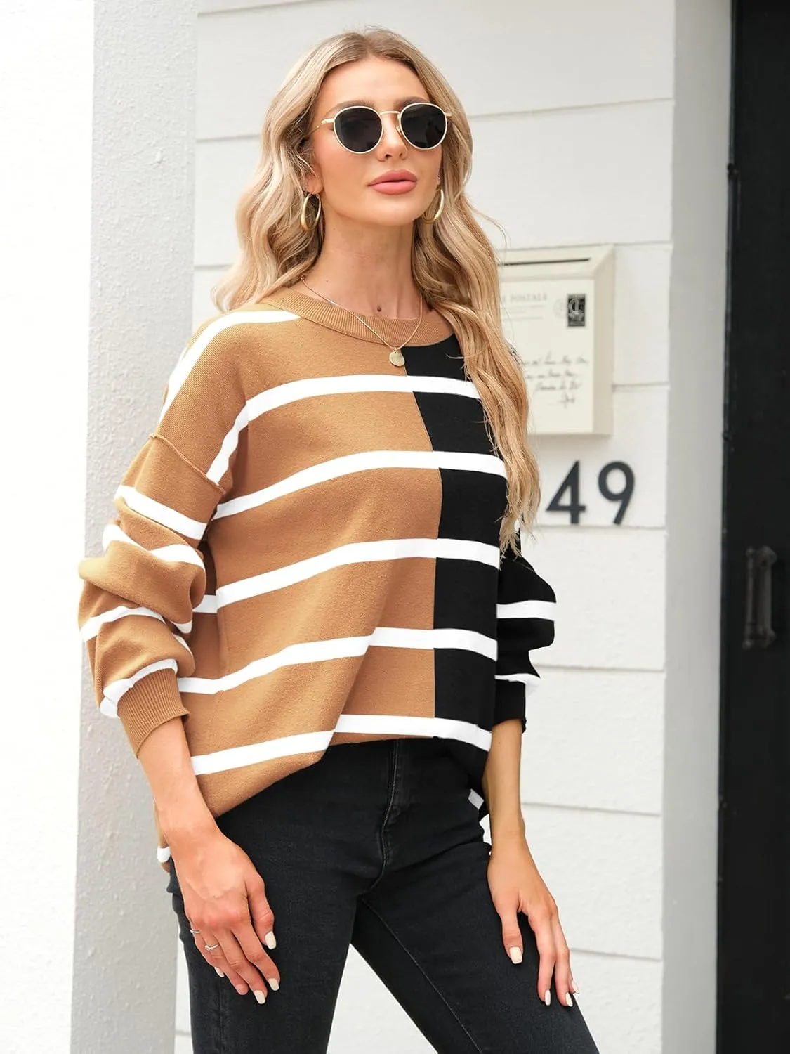 Fisoew Womens Striped Pullover Sweater Crew Neck Long Sleeve Knitted Color Block Casual Loose Lightweight Sweaters for Women