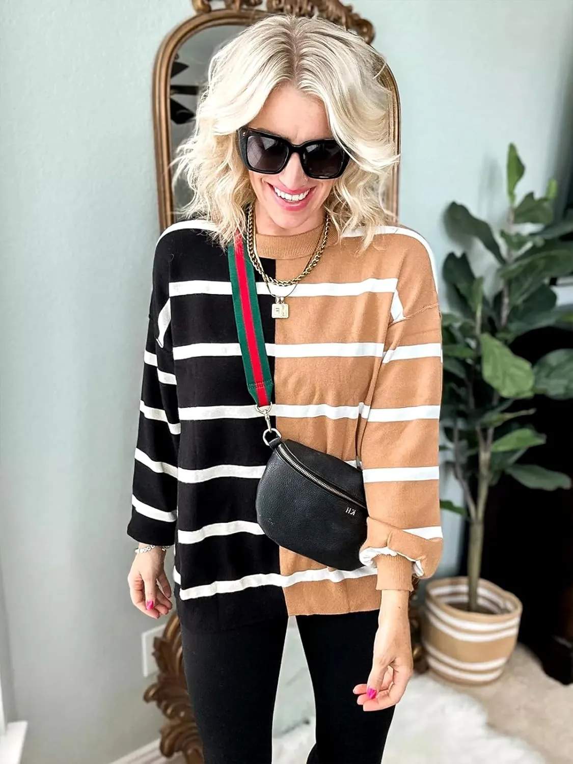 Fisoew Womens Striped Pullover Sweater Crew Neck Long Sleeve Knitted Color Block Casual Loose Lightweight Sweaters for Women