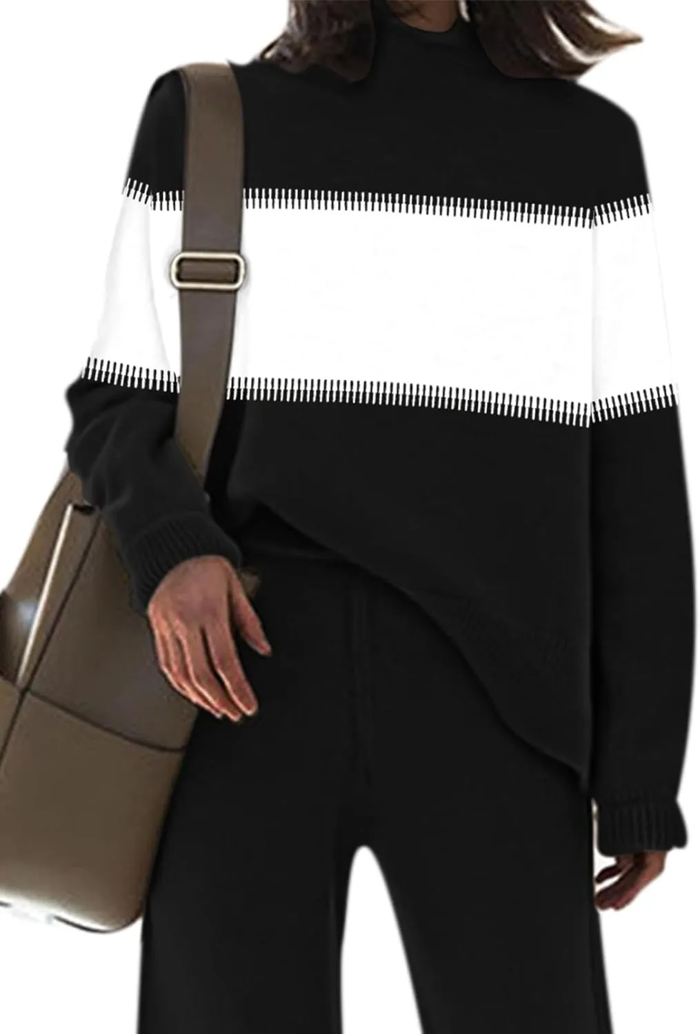 Fixmatti Women's Sweater Set High Neck Long Sleeve Top and Wide Leg Pant 2 Piece Lounge Set