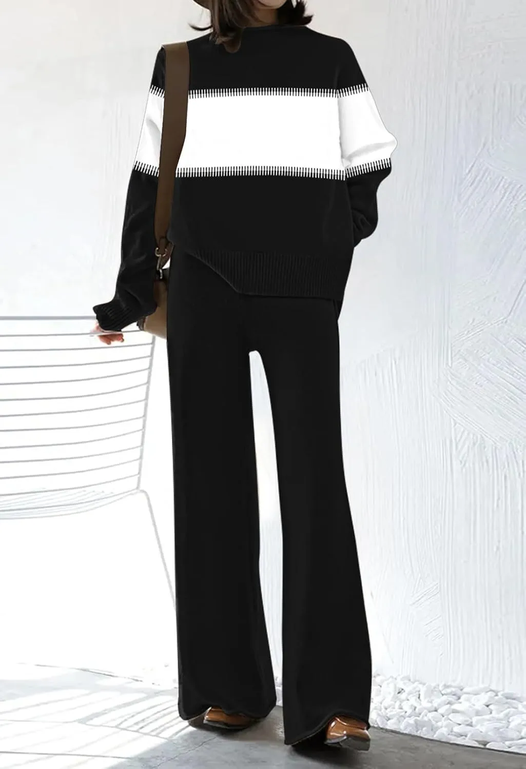 Fixmatti Women's Sweater Set High Neck Long Sleeve Top and Wide Leg Pant 2 Piece Lounge Set