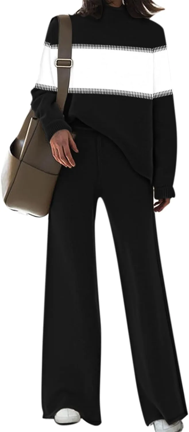 Fixmatti Women's Sweater Set High Neck Long Sleeve Top and Wide Leg Pant 2 Piece Lounge Set