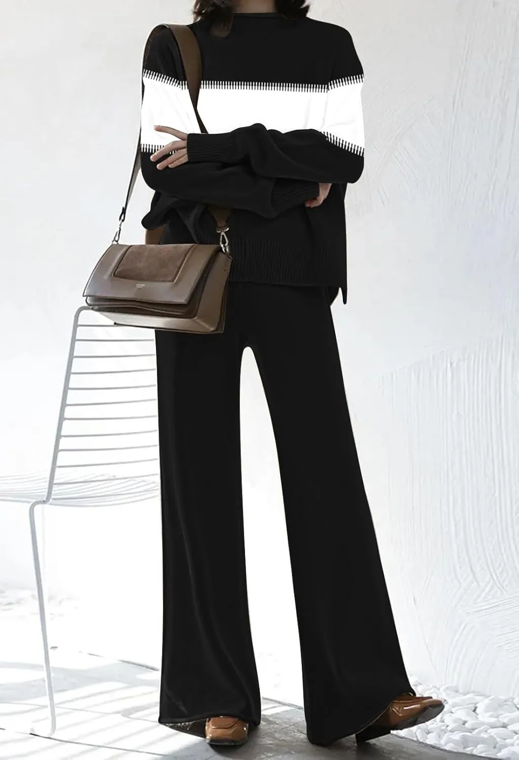Fixmatti Women's Sweater Set High Neck Long Sleeve Top and Wide Leg Pant 2 Piece Lounge Set