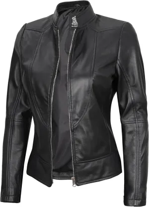 fjackets Black Leather Jacket Women - Cafe Racer Real Leather Jacket Women Disc | [1300876] Amy, 2XL