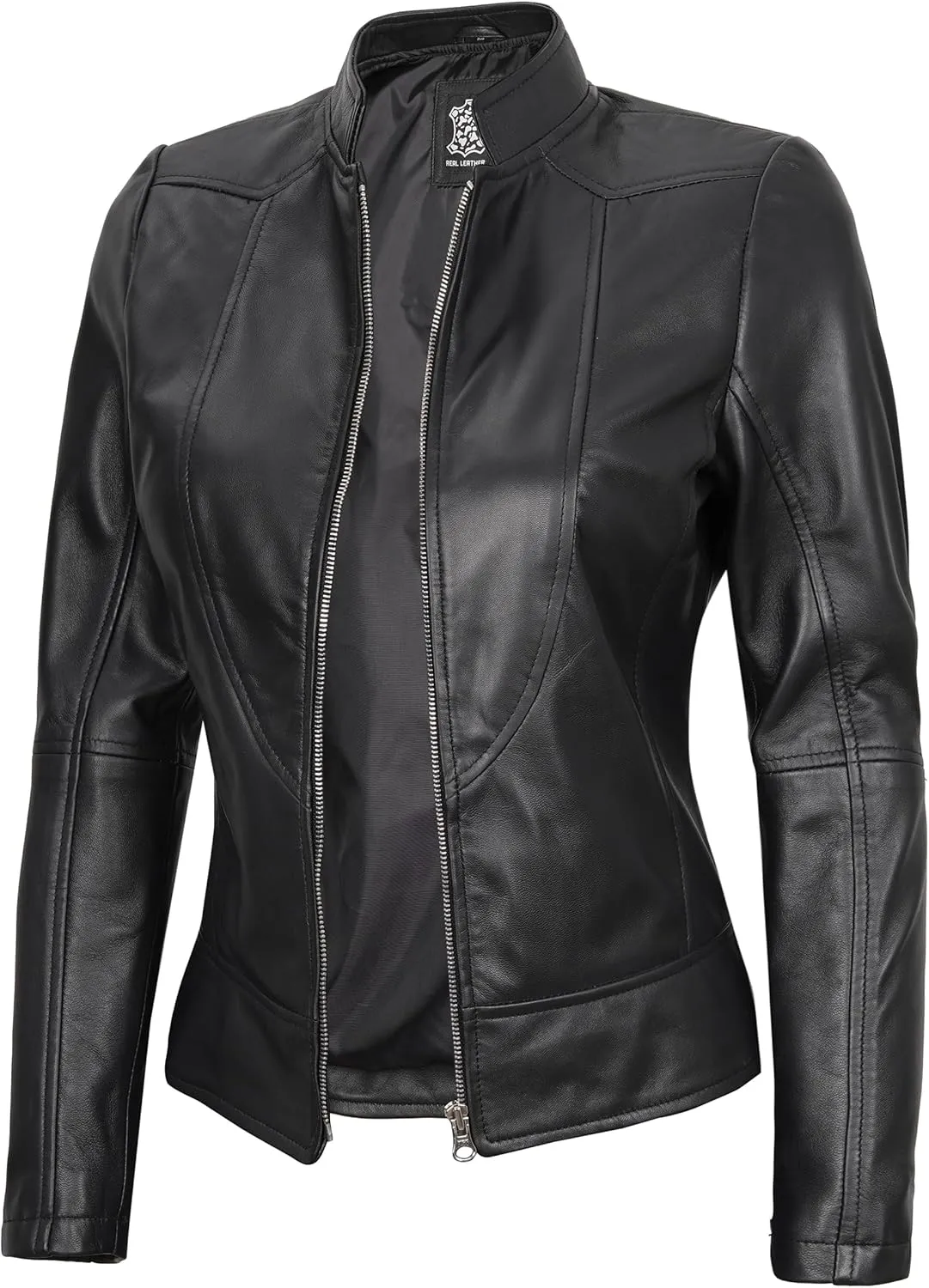 fjackets Black Leather Jacket Women - Cafe Racer Real Leather Jacket Women Disc | [1300876] Amy, 2XL