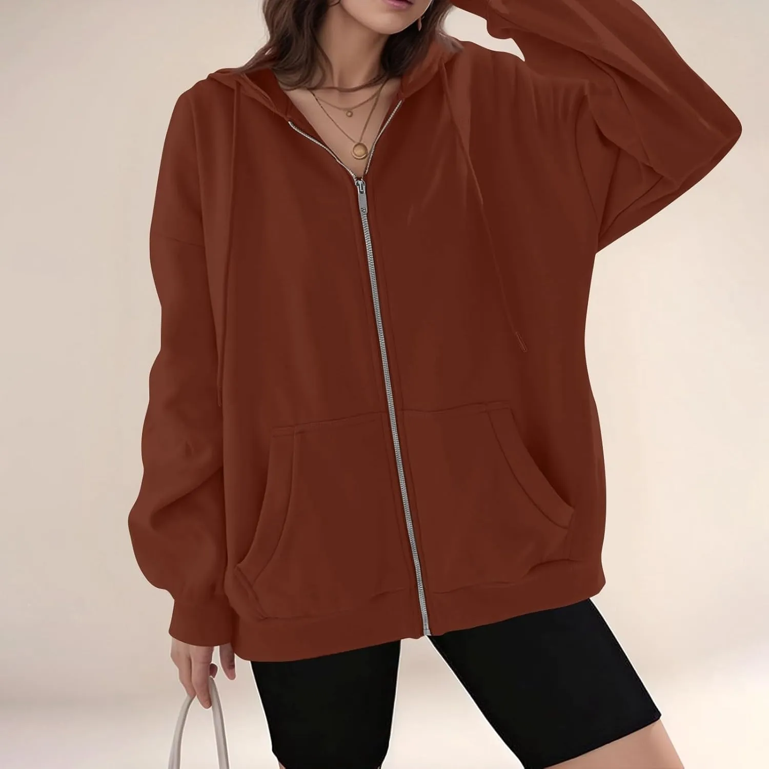 Fleece Zip Up Hoodie Women Oversized Drawstring Hooded Sherpa Jacket Full Zipper Baggy Fuzzy Sweatshirts with Pockets