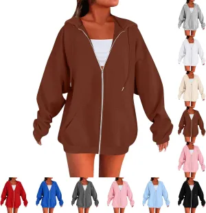 Fleece Zip Up Hoodie Women Oversized Drawstring Hooded Sherpa Jacket Full Zipper Baggy Fuzzy Sweatshirts with Pockets