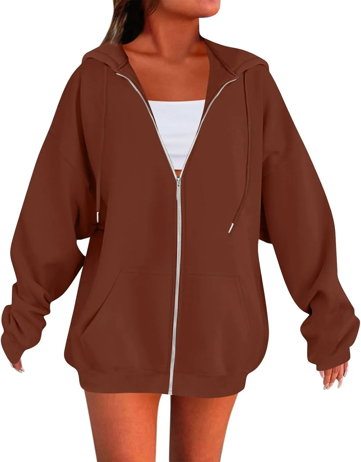 Fleece Zip Up Hoodie Women Oversized Drawstring Hooded Sherpa Jacket Full Zipper Baggy Fuzzy Sweatshirts with Pockets
