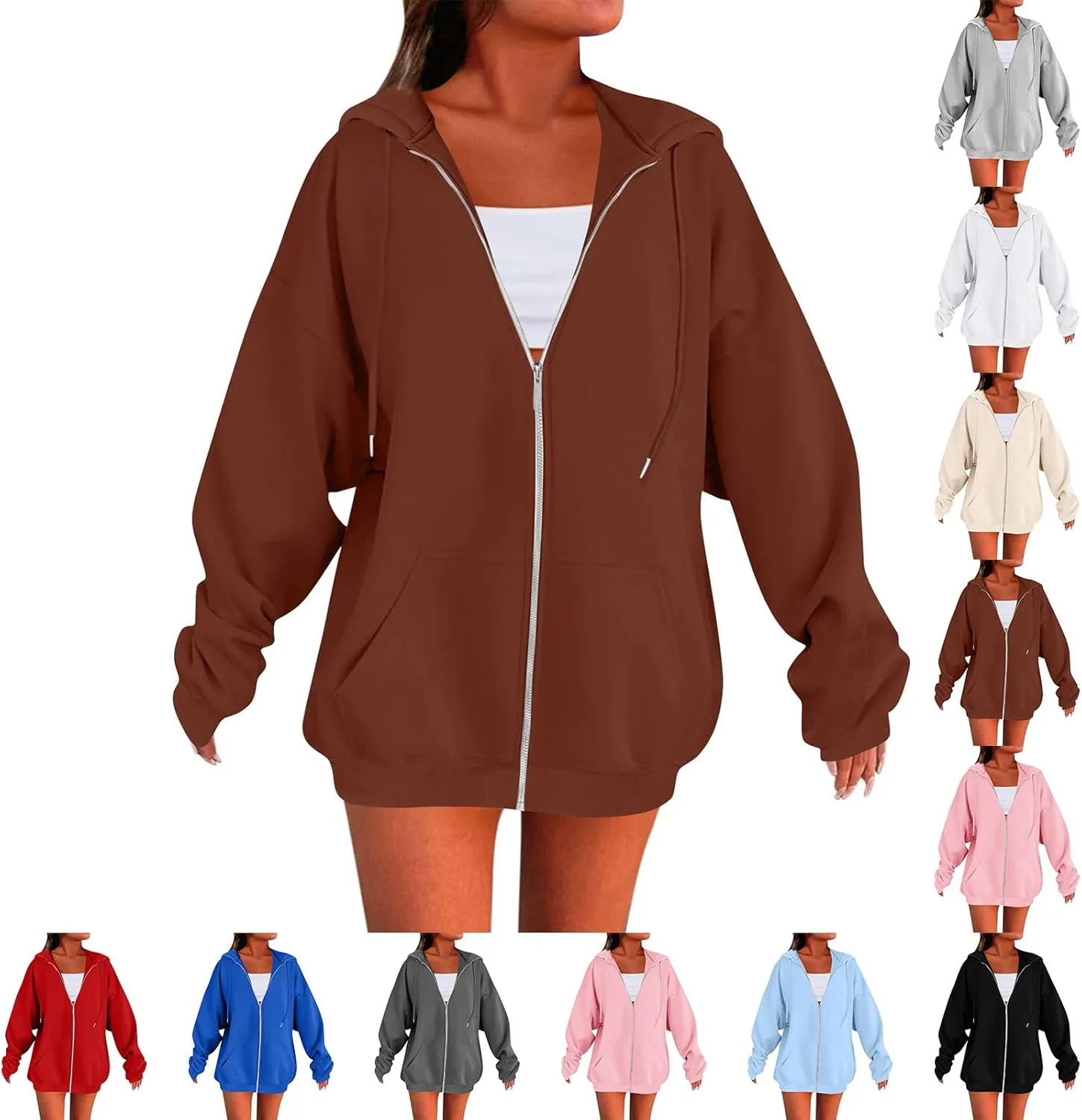 Fleece Zip Up Hoodie Women Oversized Drawstring Hooded Sherpa Jacket Full Zipper Baggy Fuzzy Sweatshirts with Pockets