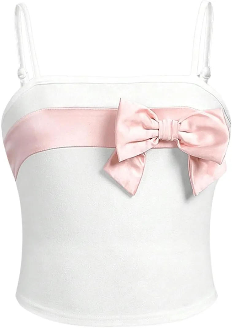 Floerns Girl's Colorblock Bow Sleeveless Camisole Kids Spaghetti Strap Cami Top