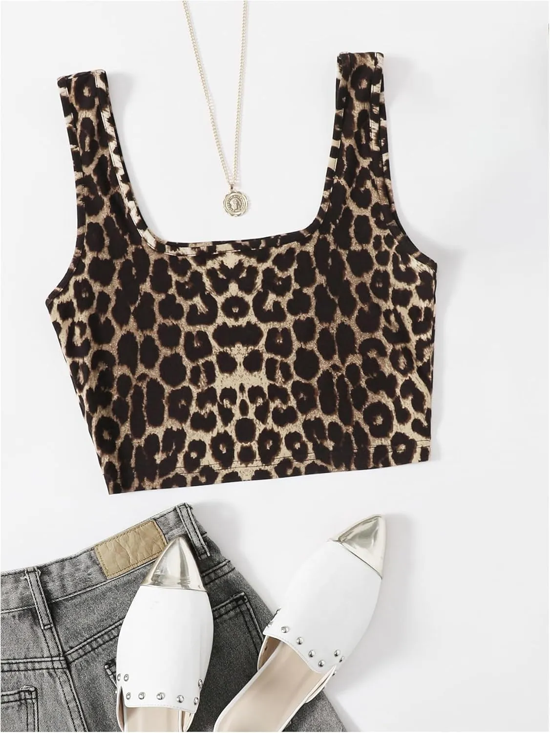 Floerns Women's Printed Camisole Spaghetti Strap Contrast Binding Crop Cami Top