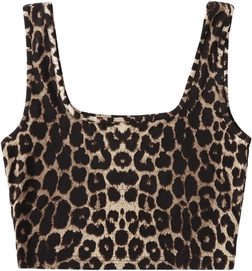 Floerns Women's Printed Camisole Spaghetti Strap Contrast Binding Crop Cami Top