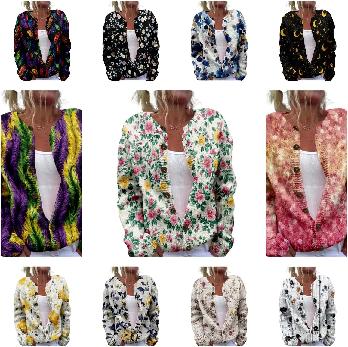 Floral Sweaters for Women Cardigan Button Up Crewneck Chunky Oversized Knitted Tunic 2024 Fall Cropped Sweaters