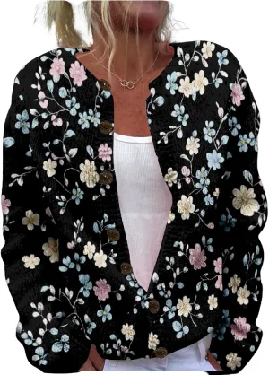 Floral Sweaters for Women Cardigan Button Up Crewneck Chunky Oversized Knitted Tunic 2024 Fall Cropped Sweaters