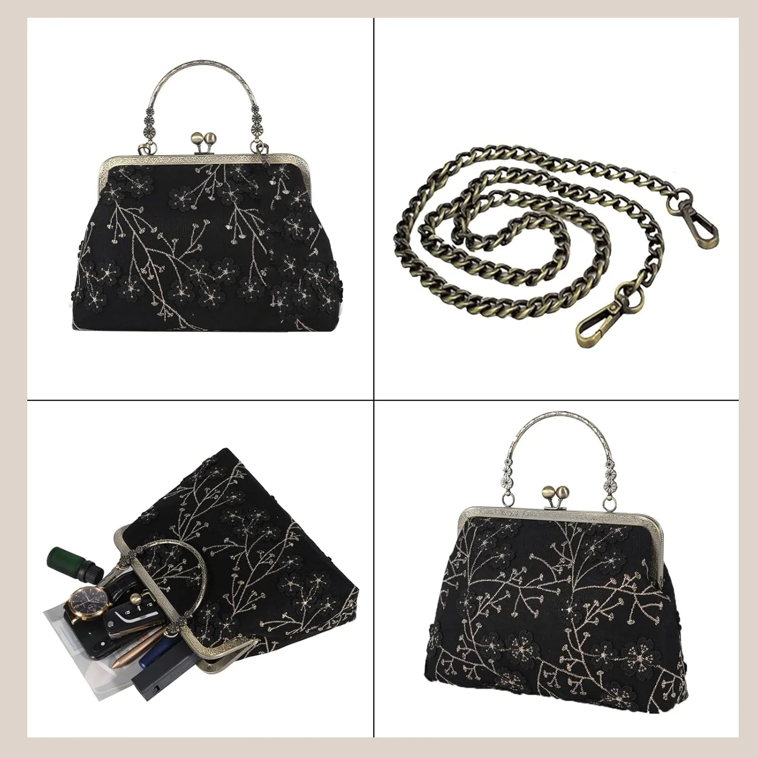 Floral Top-Handle Handbag, Kiss Lock Evening Bag for Women, Vintage Handbag