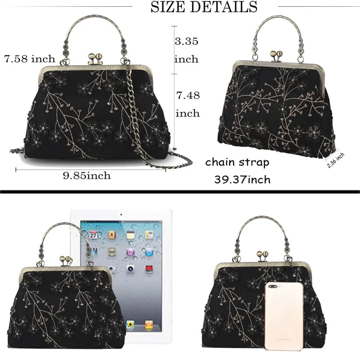 Floral Top-Handle Handbag, Kiss Lock Evening Bag for Women, Vintage Handbag