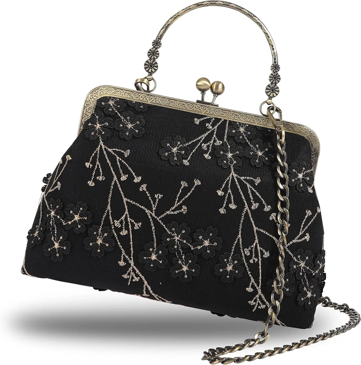 Floral Top-Handle Handbag, Kiss Lock Evening Bag for Women, Vintage Handbag