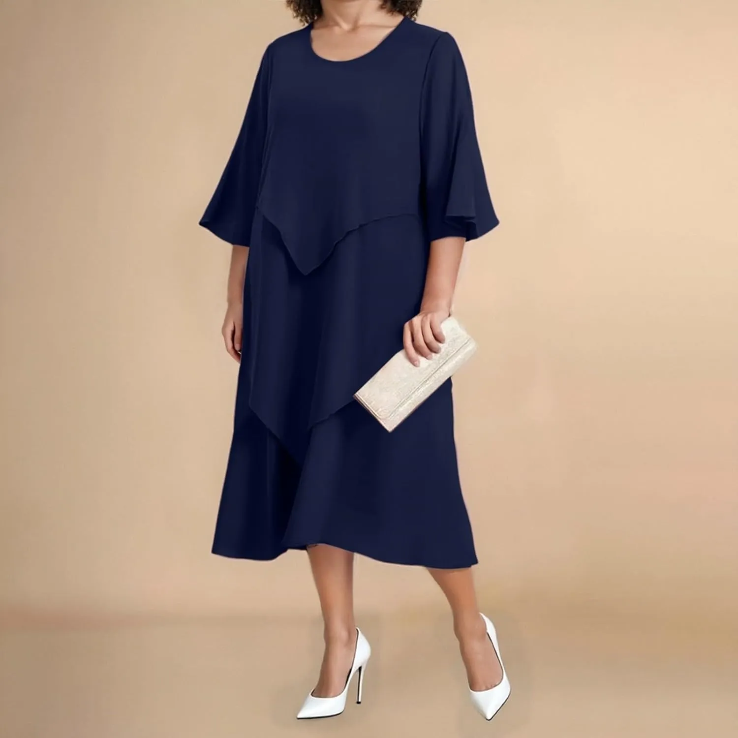 Flowy Chiffon Maxi Dresses for Women Plus Size Ruffle Tiered Casual Crew Neck 3/4 Sleeve Sundress A Line Midi Dress