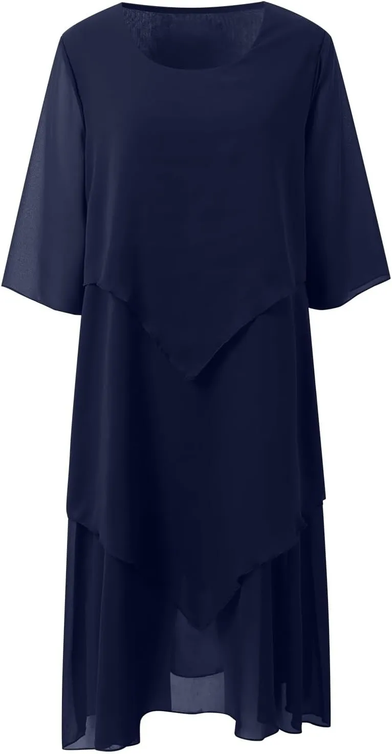 Flowy Chiffon Maxi Dresses for Women Plus Size Ruffle Tiered Casual Crew Neck 3/4 Sleeve Sundress A Line Midi Dress