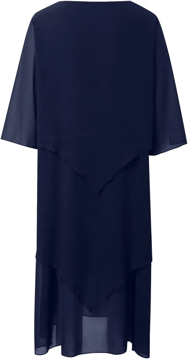 Flowy Chiffon Maxi Dresses for Women Plus Size Ruffle Tiered Casual Crew Neck 3/4 Sleeve Sundress A Line Midi Dress