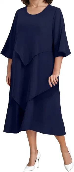 Flowy Chiffon Maxi Dresses for Women Plus Size Ruffle Tiered Casual Crew Neck 3/4 Sleeve Sundress A Line Midi Dress