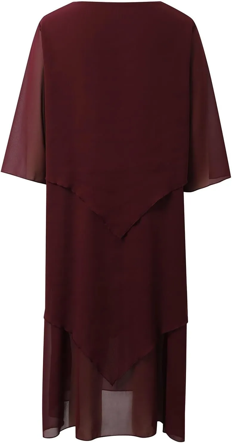 Flowy Chiffon Maxi Dresses for Women Ruffle Tiered Casual Crew Neck 3/4 Bell Sleeve Sundress Plus Size A line midi Dress