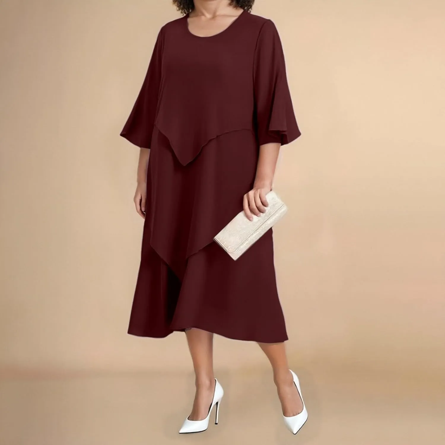 Flowy Chiffon Maxi Dresses for Women Ruffle Tiered Casual Crew Neck 3/4 Bell Sleeve Sundress Plus Size A line midi Dress