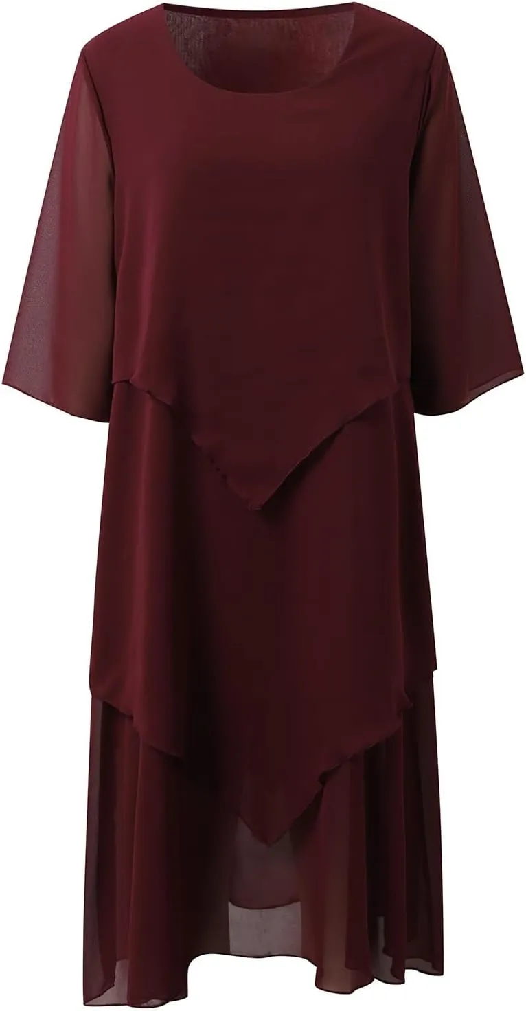 Flowy Chiffon Maxi Dresses for Women Ruffle Tiered Casual Crew Neck 3/4 Bell Sleeve Sundress Plus Size A line midi Dress