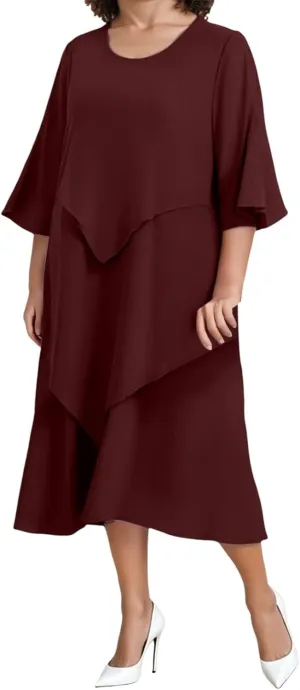 Flowy Chiffon Maxi Dresses for Women Ruffle Tiered Casual Crew Neck 3/4 Bell Sleeve Sundress Plus Size A line midi Dress