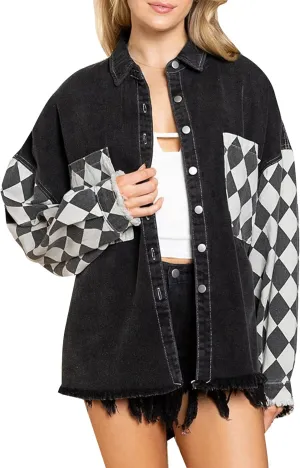 Flygo Womens Plaid Contrast Denim Jackets Oversized Distressed Long Sleeve Button Up Jean Shacket Jacket