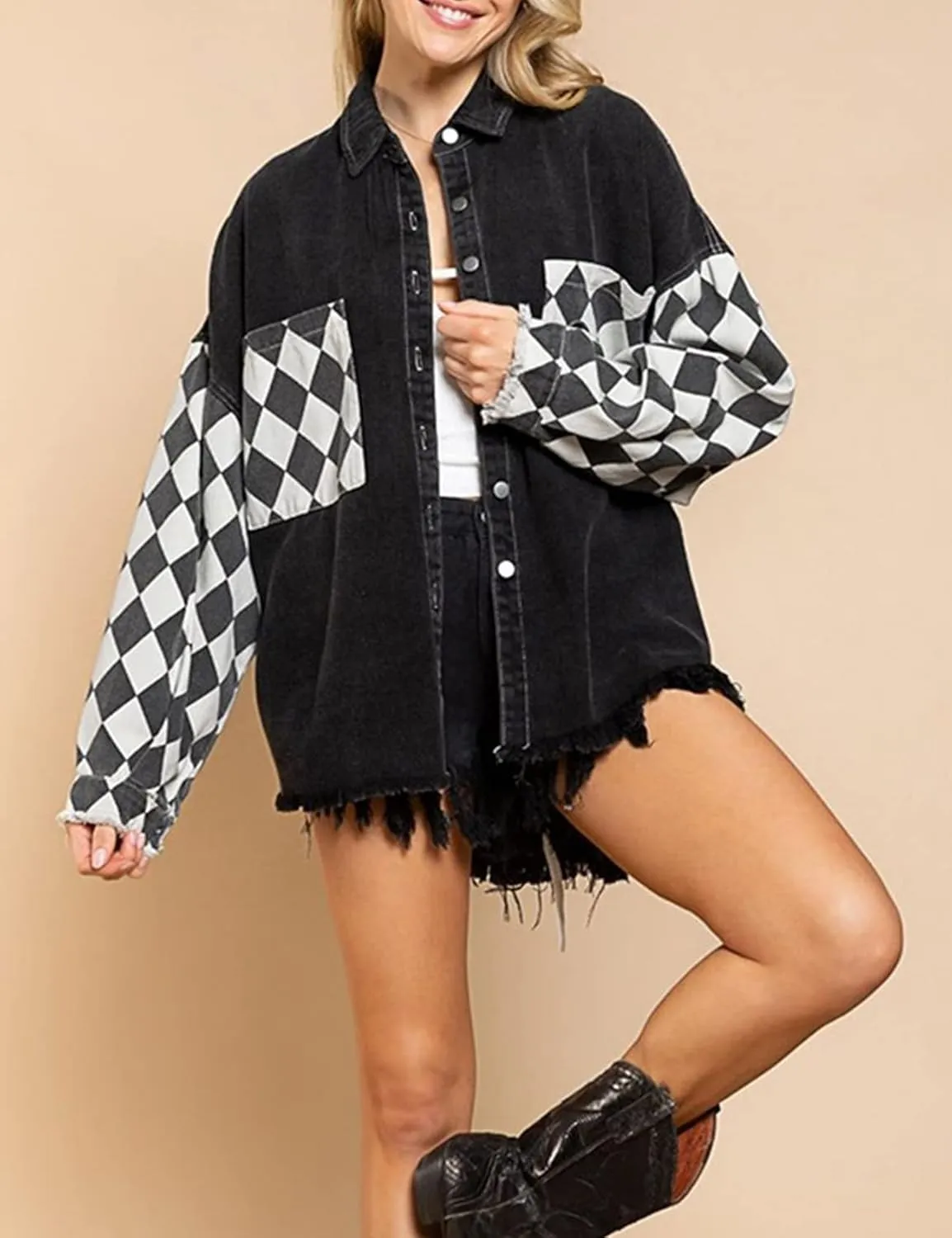 Flygo Womens Plaid Contrast Denim Jackets Oversized Distressed Long Sleeve Button Up Jean Shacket Jacket