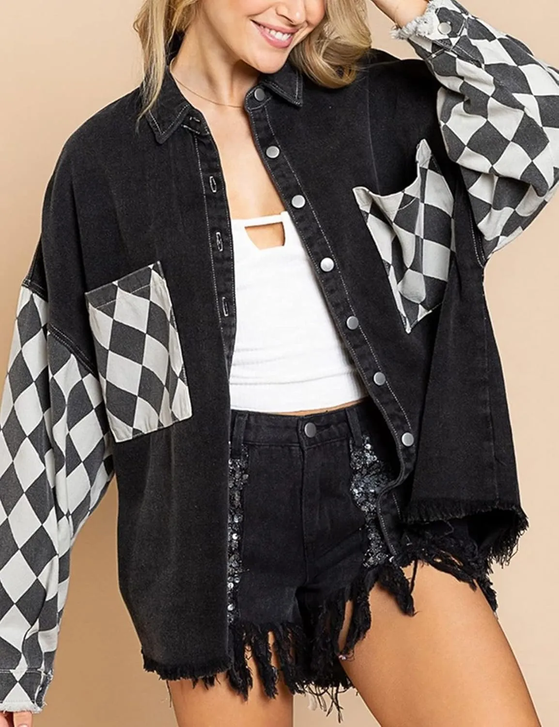 Flygo Womens Plaid Contrast Denim Jackets Oversized Distressed Long Sleeve Button Up Jean Shacket Jacket