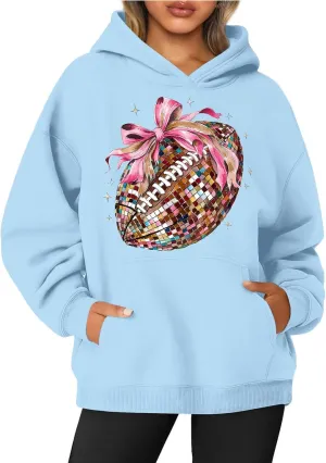 Football Season Sweatshirt Women Game Day Sweatshirt Round Neck Long Sleeve Rugby Print Pullover Top Hoodie