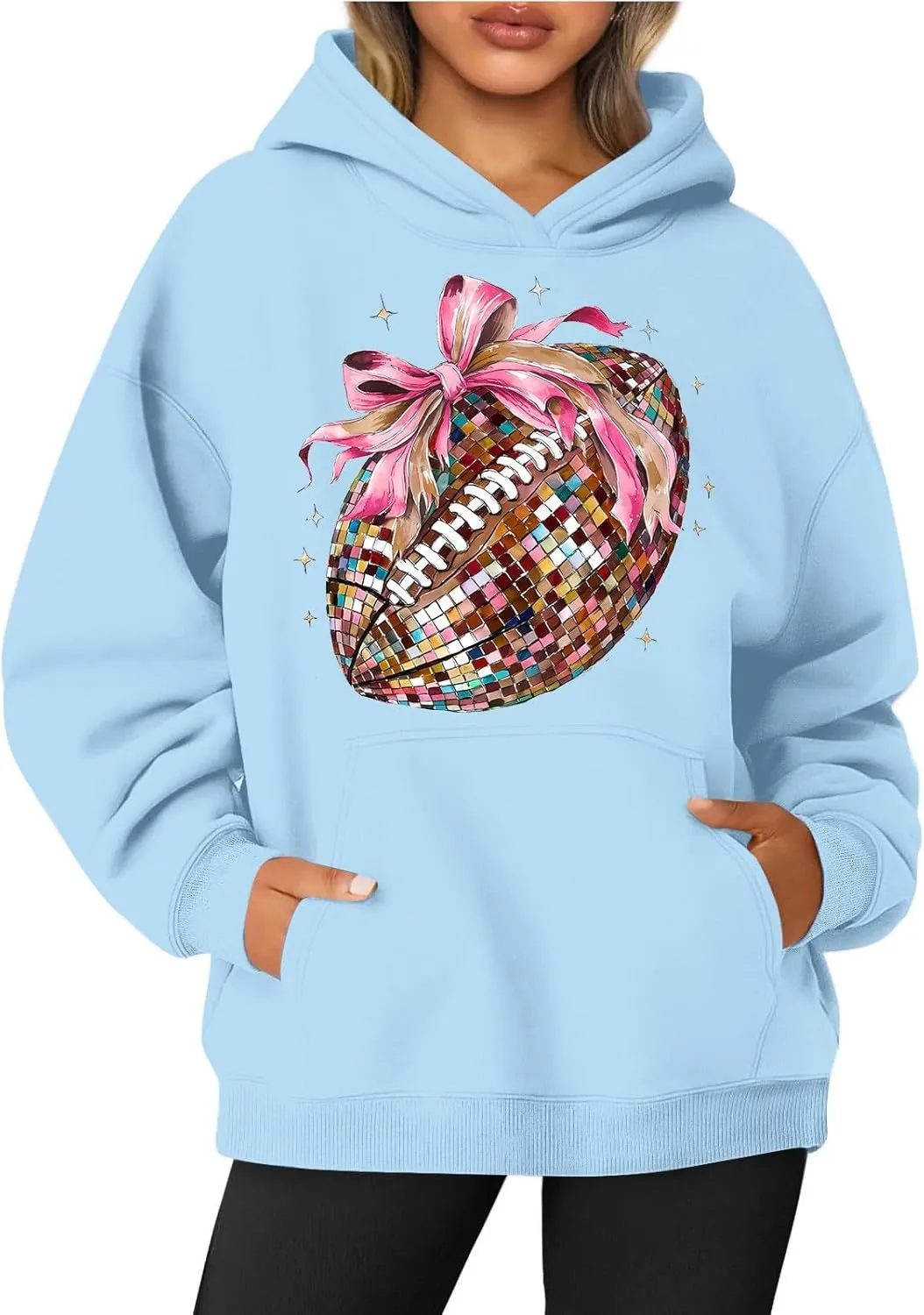 Football Season Sweatshirt Women Game Day Sweatshirt Round Neck Long Sleeve Rugby Print Pullover Top Hoodie