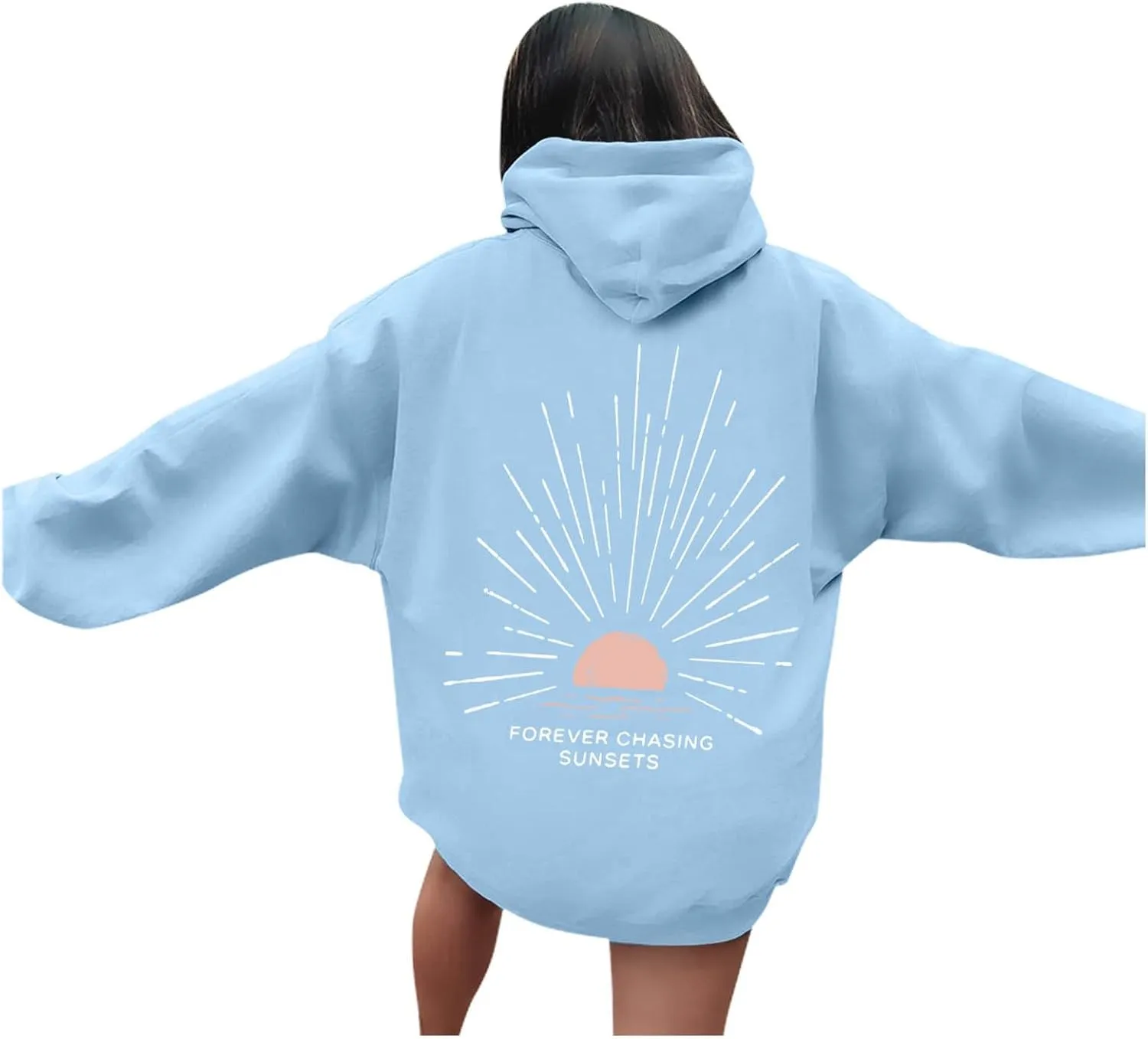 Forever Chasing Sunsets Women's Hoodies Sweatshirts Casual Long Sleeve Loose Fit Pullover Fashion Outfits Y2k Clothes Light Blue Medium