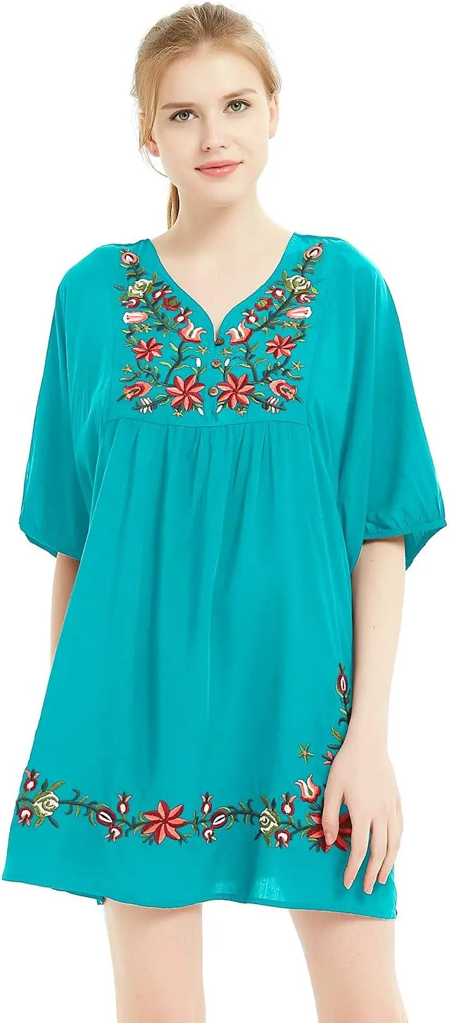futurino Women's Bohemian Embroidered Crew Neck Dress Fashionable Classic Button Down Top