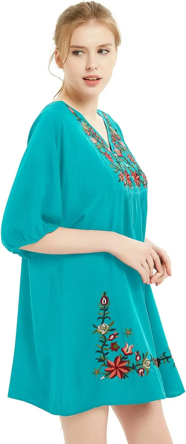 futurino Women's Bohemian Embroidered Crew Neck Dress Fashionable Classic Button Down Top