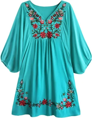 futurino Women's Bohemian Embroidered Crew Neck Dress Fashionable Classic Button Down Top