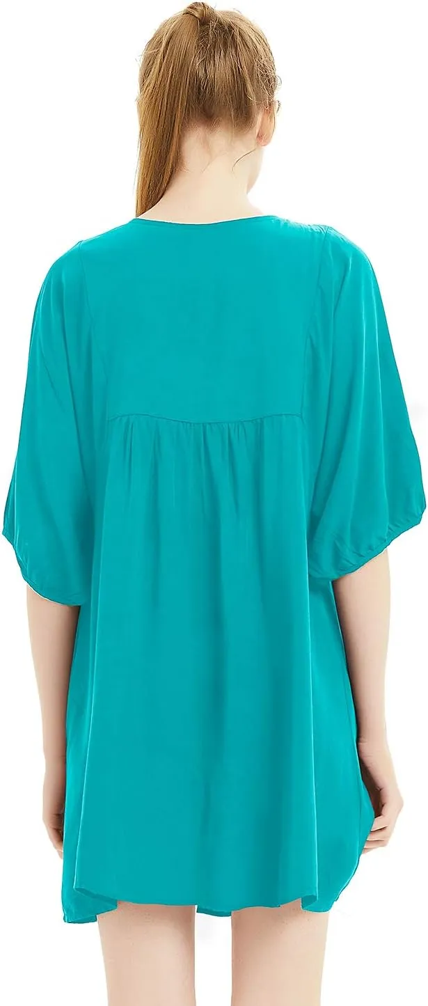 futurino Women's Bohemian Embroidered Crew Neck Dress Fashionable Classic Button Down Top