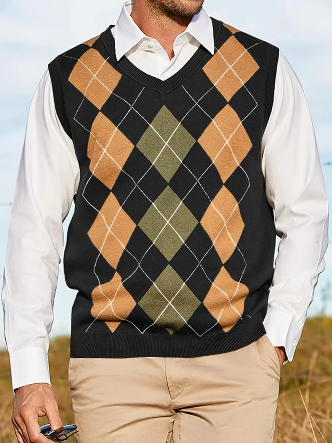 Gafeng Mens Argyle Sweater V-Neck Casual Winter Slim Fit Lightweight Sleeveless Knitwear Vest